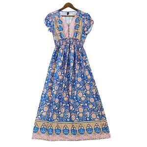 Emery Rose Floral Paisley Maxi Dress Boho Tulip Sleeve Blue Pink